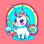 Placeholder: Cute unicorn, eating lollipops with a rainbow in the background l, Character, full scale, with body, lovely, cute, sticker, illustration, vector, smiling, mascot logo style, flat logo, flat colors, epic instagram, artstation, graphic art