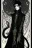 Placeholder: black haired young man necromancer wizard with gothic jewelry and tentacle fingers in the style of Harry Clarke