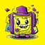 Placeholder: Social Media Design A yellow suitcase has eyes, a mouth, eyes, hands and legs, a cute smiley, wearing a black hat and carrying a passport. Comic shape. . A simple purple background. Give me the image with the best automated atmosphere. Sinai. Darmi. comic