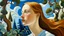 Placeholder: A surrealist oil painting on canvas features a fair-skinned, white woman, around 27 years old, with light brown hair styled to resemble a landscape, complete with trees and foliage, against a solid blue background.