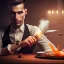 Placeholder: up close portrait of handsome man with smoking and another chef in front dark wooden wall, fish in chandelier, shiny fork and knifes on dinner table with cloth, fantasy art book cover