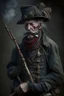 Placeholder: 70 years old victorian bloodborne soldier with a musket, bandana and scally cap and a ciggarette