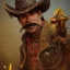 Placeholder: Insanely detailed photograph of an “ a mustachioed cowboy warrior "with worn Sombrero, handsome charo,cigar,glowing D20 in outstretched hand, hyperdetailed painting by Ismail Inceoglu Huang Guangjian and Dan Witz CGSociety ZBrush Central fantasy art album cover art,8K, hdr, mysterious, flickeringlights ,Stoic