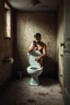 Placeholder: "A very old paints cracked dirty abandoned bathroom with dirty a man setting on a toilet seat with iPhone in his hand,insanely detailed octane render trending on artstation, 8k artistic photography, photorealistic concept art, soft natural volumetric cinematic perfect light, chiaroscuro, award-winning photograph, masterpiece, oil on canvas, Raphael, Caravaggio, Greg Rutkowski, people, beksinski, Giger