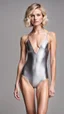 Placeholder: anorexic beautiful girl, age 21, total shot, short silver triathlon swimsuit, blonde wavy bob haircut, grey background