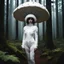 Placeholder: in the heart of a dark and spooky forest, a woman with big eyes, her head enclosed in a giant mushroom cap, stands trembling. SHARON WHITE is clad in sloggi white cotton agent provocateur a full-body mushroom symbiote suit made of white mycelium, blending seamlessly with the eerie surroundings. ready for a thwack