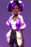 Placeholder: arcane animation series style, league of legends, Solo, 1girl, attractive teenager, african, dark skin, golden eyes, black hair, pair buns, forehead bangs colored in violet, necklace, earrings, modern makeup, (detailed skin texture), white oversize shirt