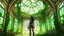 Placeholder: floating alien jellyfish, rampant foliage, and vines, inside a huge vaulted alien building, with circular windows, woman with black hair in a ponytail, in camouflage trousers and jacket, photorealistic, Intricate Detail, sunny day