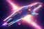 Placeholder: a cosmic beautiful SPACESHIP made of crystals and light is flyng INA MAGIC BRIGHT SKY OF A GALAXY. IT IS PASSED BY A VERTICAL SHINE