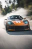 Placeholder: Facing front Sports car drifting around a corner, motion blur, narrow depth of field, lens flare, dynamic angle, asphalt spray, high octane energy