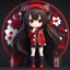 Placeholder: full body chibi woman with long dark brown hair, red eyes, modern clothes, bad girl vibe, New Years themed, intricately detailed, masterpiece, anime chibi doll, 3d