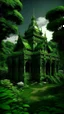 Placeholder: very detailed all Green Buddhist temple surrounded by leaves and ivy, medieval, gothic style,