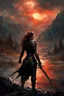 Placeholder: A formidable warrior girl in black armor, on the background Amazing gloomy landscape, flooded with sunset, mountains, trees, fabulous scary hero, , juicy emotions, painting, dark fantasy, bad weather, gloomy day, dark world, by Raymond Swanland & Alyssa Monks & Anna Razumovskaya & James Paick