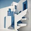 Placeholder: Minimalist abstract cyanotype photo of stairs outside a Greek house