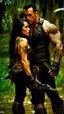 Placeholder: Jason david frank muscular male with short dark hair and tribal tattoos whispering in young blond woman's ear. Dark fantasy