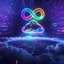 Placeholder: Colourful 3D glowing infinity symbol ∞, hovering above a colourful glowing cloud, network and lights coming from the cloud onto a futuristic map of the globe, inspiring, neon, glowing, friendly, beautiful, octane render, 8k post-production, artstation: award-winning: atmospheric: commanding: fantastical: clarity: 16k: ultra quality: striking: brilliance: liquid medium: stunning colors: amazing depth; lens: f/8, 28mm