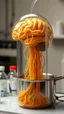 Placeholder: A transparent brain fills with spaghetti in laboratory tube connected to small tubes and wires to a cooking pot