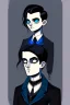 Placeholder: black haired blue eyed young man necromancer with gothic jewelry in the style of charles addams