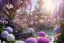 Placeholder: a magical crystal flower lys bougainvillier,pink hydrangeas, pink wisteria, blue gold house crystal castle, magnolias pink,blue lake,sun,white swanns,pink vertical, blue lake,sharp, vines, candlelit, endor, ornate, elegant, highly detailed, artstation, concept art, smooth, sharp focus, illustration, 8k, splash art, wallpaper, key visual