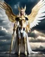 Placeholder: Length image An photography epic and realistic photography full body image of, a beautiful queen, a film character with large white wings, holding a shining golden sword, wearing colors mecha armor with gold details,luxury booth shoes, against a background of a cloudy sky with sunlight breaking through the darkness clouds,thunderstorm, in a stand dramatic pose, looking like a hero ready for an epic adventure.