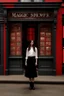 Placeholder: Photorealistic image of a young woman with dark hair, in a black ankle length skirt, boots and shirt, standing outside an old magic shop front with large red painted multi-paned picture windows on either side of a multi-paned doorway.