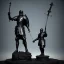 Placeholder: large black stone statue of a knight in a dark dungeon, holding a sword that's pointing up and glowing blue