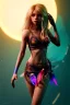 Placeholder: Shakira, artist, 30 years old, Realistic image, waist up portrait, etro style dress. Blonde, feathers, loose long hair, eyes make up, perfect, glow, circle iris. Neon colors, leds, geometric shapes. Dark background, photo studio, neon lights. Cyberpunk, concept art, smooth, unreal engine 5, god lights, ray tracing, RTX, lumen lighting, ultra detail, volumetric lighting, 3d, finely drawn, high definition, 4k.