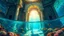 Placeholder: In the lively scene of a bustling building submerged in shallow water, the vibrant marine life dances around intricately carved columns and ornate archways. The image, a breathtaking painting, depicts the sunlight filtering through the crystal-clear water, casting a mesmerizing glow on the coral-covered walls and ancient ruins. Every detail sparkles with a rich palette of deep blues and vibrant greens, creating an immersive underwater world that feels almost tangible. This captivating artwork se