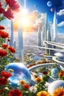 Placeholder: BIG´FUTURIST CITY IN THE AIR, ,IN THE SKY , OVER THE SEA; the blue SKY, SUNSHINE ,WHITE BRILLANT rond housesFUTURIST BRIDGES, SPACIAL PLANE, RED yellow FLOWERS GARDEN, MODERN DISIGN and WHITE; JEWELS, COSMOS, GALACTIC VISION photorealistic, in the UNIVERSE,WHITE BRILLANT COLOR GALAXY, space ships - CITY IN THE AIR WHITE CLEAR - NICE BLUE SKY - LIGHT 2 SUN- OVER THE SEA