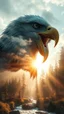 Placeholder: portrait of American eagle Double exposure surreal digital art of a mysterious , his face in profile, blending seamlessly into the shape of the clouds . a magical forest scene unfolds, illuminated by golden light rays, with tall trees and a flowing river.