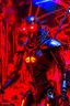 Placeholder: A seemingly sinister humanoid being made entirely of sharpened metal blades and spikes. It has glowing red eyes. The setting is a desert cave. The are impaled humans connected to an organic machine in the background. Photograph.