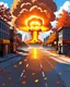 Placeholder: town street with a nuclear explosion in the distance, autumn colors, leaves falling on street, leaves falling in foreground, light source is the nuclear explosion, yellow orange brown pallet, very low vantage point, digital painting