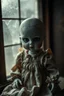 Placeholder: looking at the camera a high realistic porcelain doll, old, dirty with old dress, sitting on shelf, in background blur cracked window. The figure has cracked face and head, and big black eyes. High contrast, cinematic, thriller, dark, atmospheric. Surreal style , perfect composition, sharp focus, intricate details, crepy stunning
