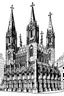 Placeholder: black and white colors only ; illustration of saint jacques cathedral in spain viewed from obradoiro squared; no background