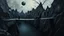Placeholder: painted inner world with neurodivergens mind and soul, floating doors over surreal cracked weird landscape . one thin bridge over big black river, . deep dark colors, with silver and black. Whimsical strange style of Chagall, of Quentin Blake, andYoshitaka Amano of Anton Semenov. one dark purple-gray human shiluette in hood sitting on bridge and gazes weird absurd beauty nightmare, black shadows, in background cyber neuronic network, surreal vibe, nightmare