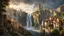 Placeholder: a wide waterfall falling upon a medieval european city. The city is at the bottom at the end of a steep, narrow, 3.000 feet tall ravine. a masterpiece, fantasy concept art, dynamic lighting, hyperdetailed, intricately detailed, deep color, Unreal Engine, volumetric lighting, Epic cinematic brilliant stunning intricate meticulously detailed dramatic atmospheric maximalist digital matte painting