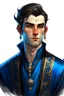 Placeholder: a wealthy half-elf young man with pointy ears and dark eyes, wears lots of jewelry, wearing blue and black