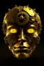 Placeholder: A mechanical click gears in the shape of humane Al Face with golden texture reflecting a dim light from a candle source