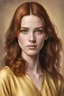 Placeholder: Photo realistic portrait of a young woman in her 20s. Fair skin complexion with a slight gold hue. Red eyes and auburn hair that is shoulder length. She wears a tunic that is yellow to gold.