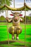 Placeholder: senile bull with viking helmet on a swing