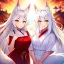 Placeholder: Clear focus, 8k, beautiful lighting, vibrant colors, fox girl, white hair, long hair, golden eyes, miko, tail, smile,