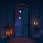 Placeholder: Cartoon whimsical fantasy nighttime apartment door lit by candles