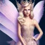 Placeholder: fantasy fairy with transparent wings, smiling, make up, tatoo, elven crown, long platinum blond hair, pink dress