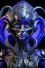 Placeholder: A beautiful alien with big eyes and small nose and mouth wearing a bioluminescense purple zafír biomechanical silver metallic diadem headress, wearing biomechanical amalgamation style leather jacket dress ribbed with silver floral metallic filigree biomechanical vantablack pattern, organic bio spinal ribbed detail of gothic winter backround extremely detailed maximalist hyperrealistic portrait art