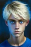 Placeholder: a portrait of teenage boy in blue tee-shirt blue eyes blonde black hair