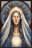 Placeholder: A stylized portrait drawing of colored tiles of Mary the mother of Jesus with long hair, wearing a white veil and surrounded by a geometric halo of rays of light against a dark background