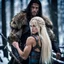 Placeholder: muscular male mountain man with long dark hair with a petit female long blonde hair and blue eyes, dark fantasy, snowy forest