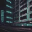 Placeholder: straight orthographic view of the flat side of a cyberpunk office building at night photographic