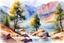 Placeholder: Sunny day, trees, river, mountains, rocks, watercolor paintings