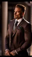 Placeholder: portrait of a 35 year old Handsome, rugged and muscular male leader with lightly tanned skin and tattoos. light brown hair and a goatee beard. wearing an armani three piece suit. photorealistic